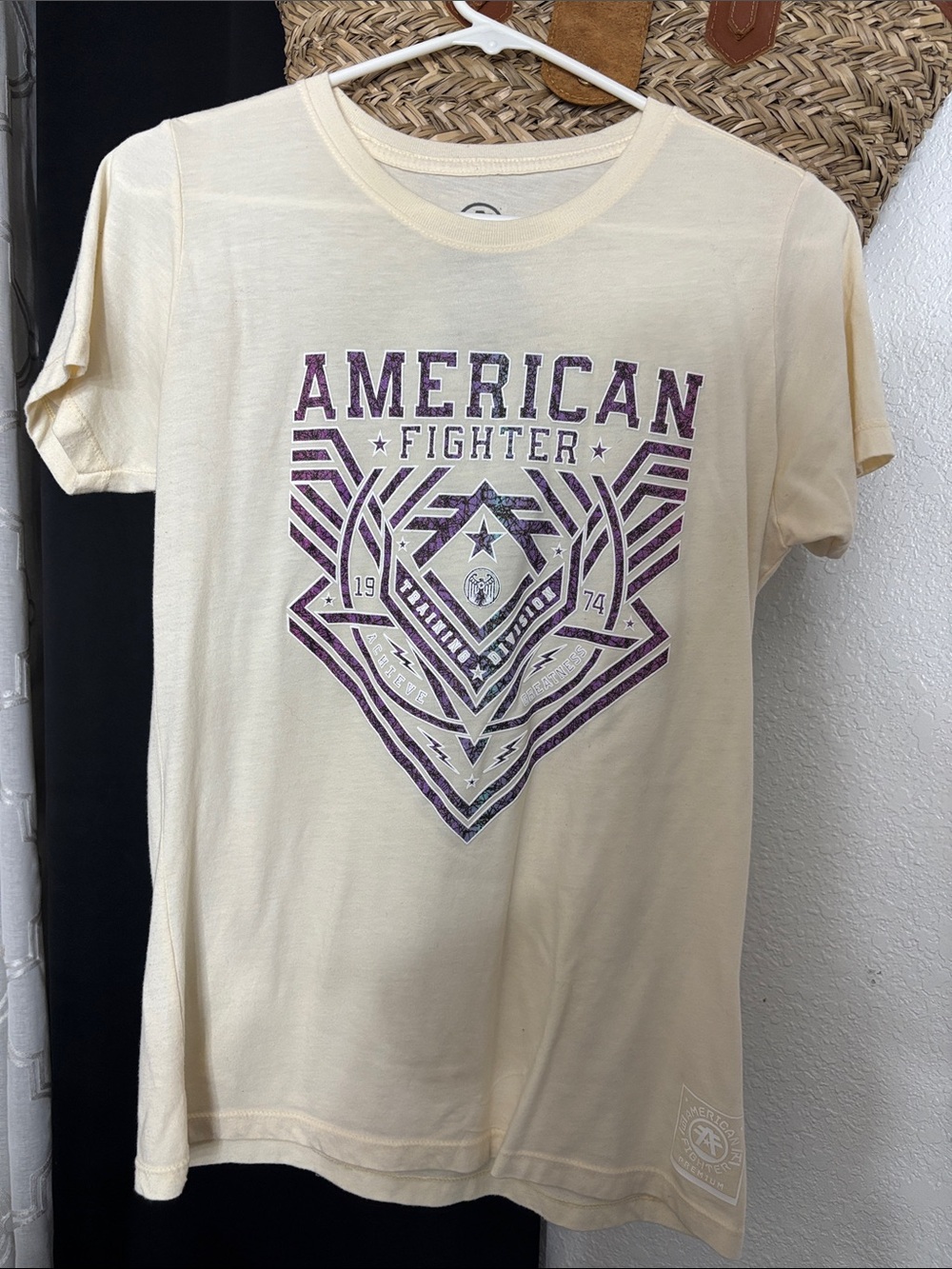 American Fighter Cream Short-Sleeve Tee with Purple Graphic